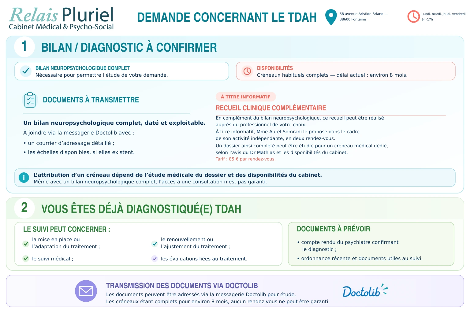 Demande concernant le TDAH : bilan ou diagnostic à confirmer, suivi d’un TDAH déjà diagnostiqué et transmission des documents via Doctolib